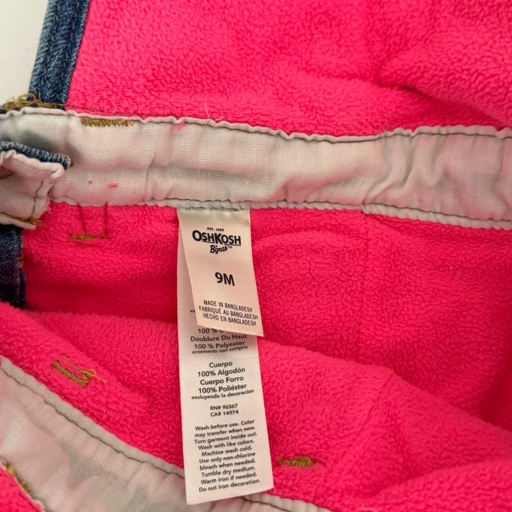 OshKosh Bgosh Baby Girls 9M Fleece Lined Blue Denim Overalls Pink Bow Detail